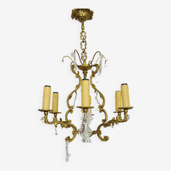 Bronze cage chandelier with glass pendants, 6 lights. Tassel chandelier