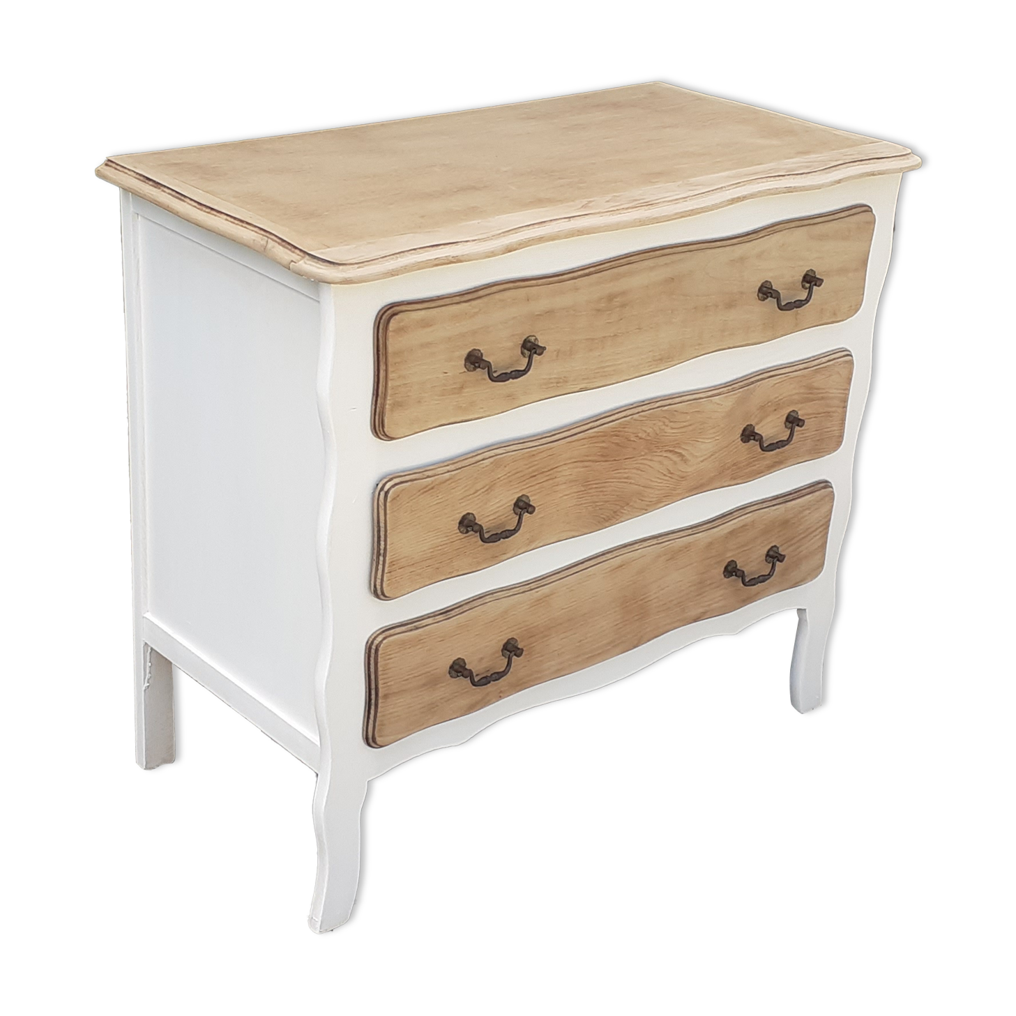 Chest of drawers 3 drawers louis XV style white and raw wood