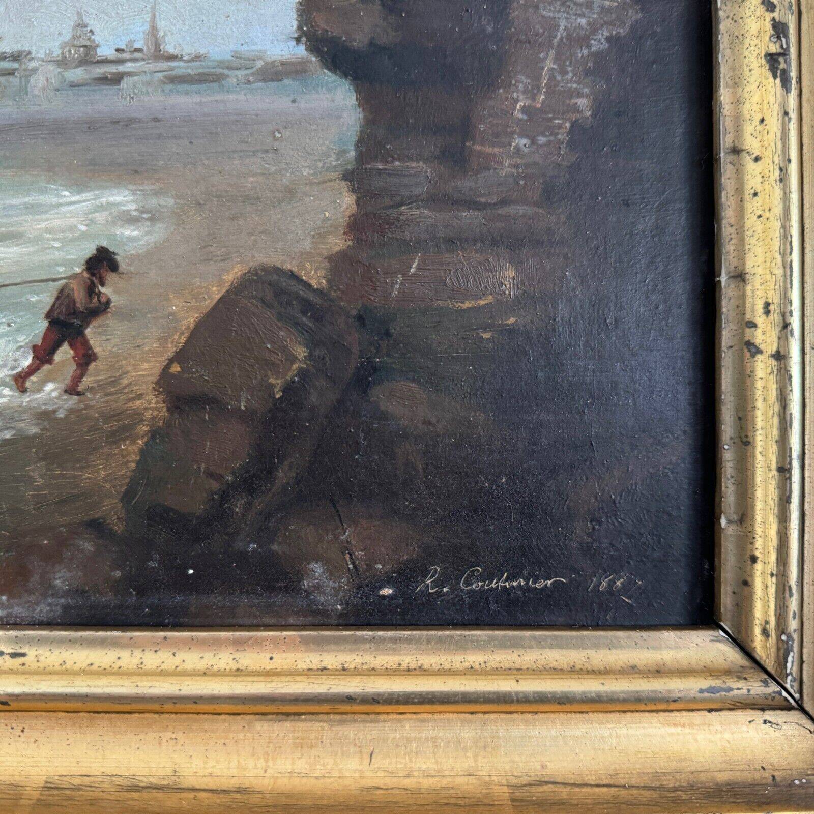Oil on cardboard by R. Coubinier 1887 boat on a rocky coast