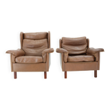 1970s Pair of Brown Leather Armchairs, Denmark