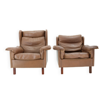 1970s Pair of Brown Leather Armchairs, Denmark