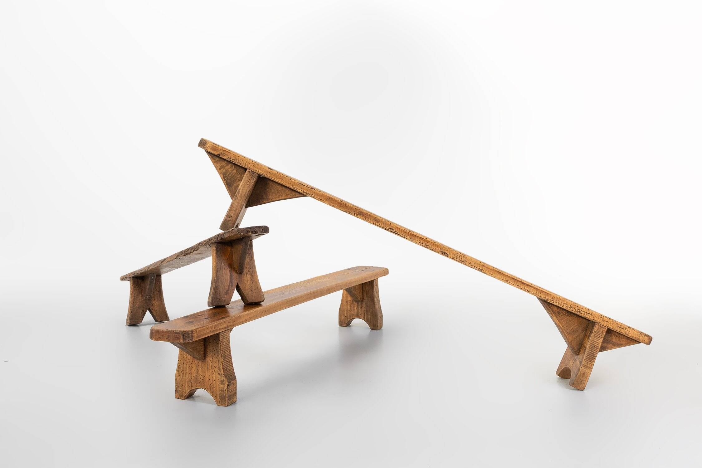 Rustic Low Bench in Wood, France, 1850s