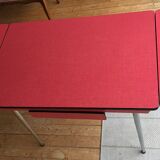 Table set and 2 vintage vintage pale red formica chairs