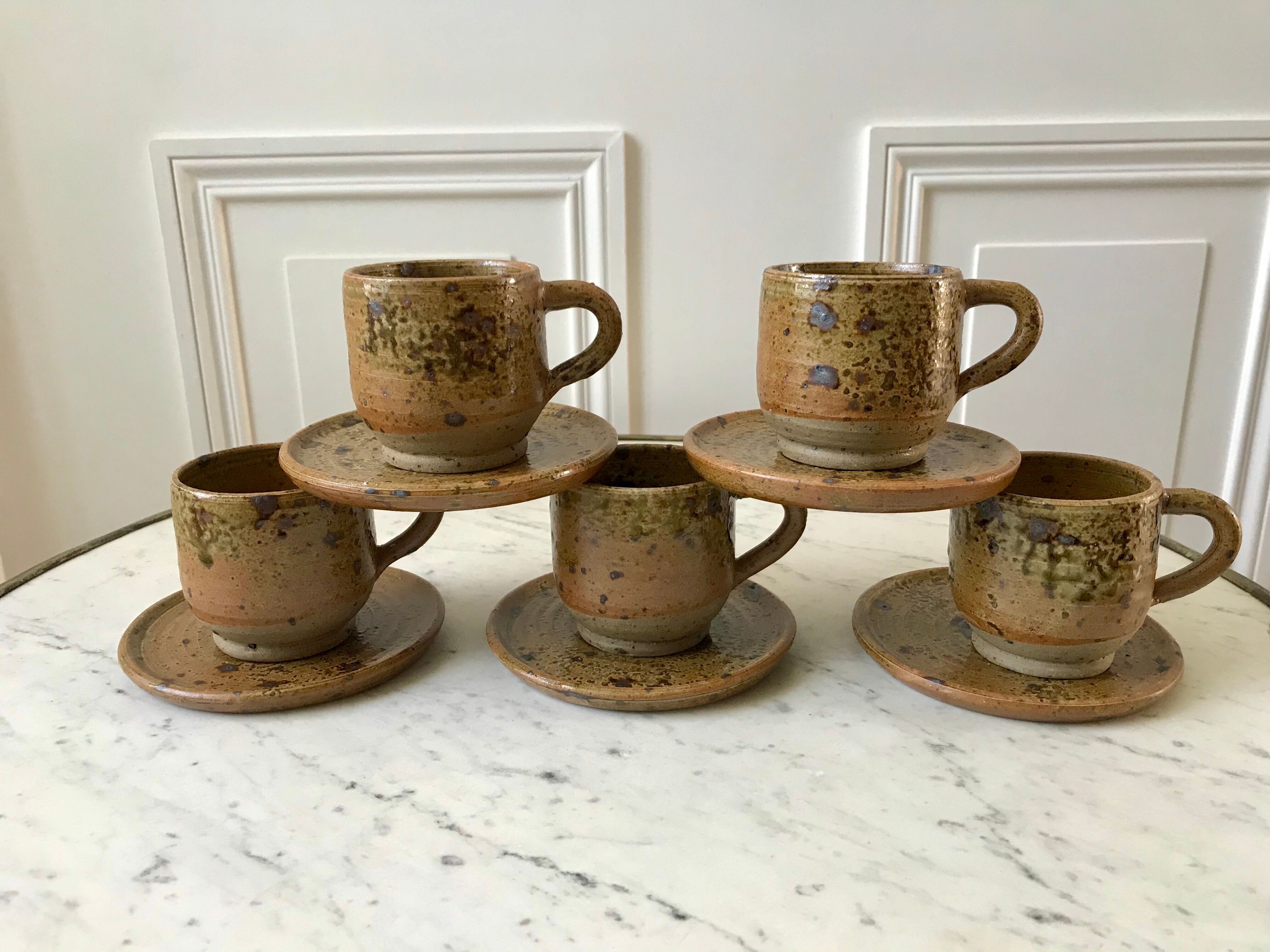 coffee service 6 cups and saucers, teapot and sugar bowl in ceramic / pottery / stoneware years 50-6