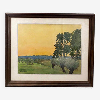 Watercolor rural landscape by Matignon 20th wooden frame