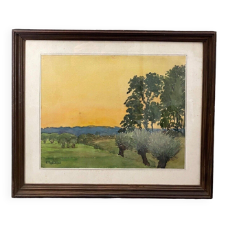 Aquarelle paysage champêtre par Matignon XXe cadre en bois