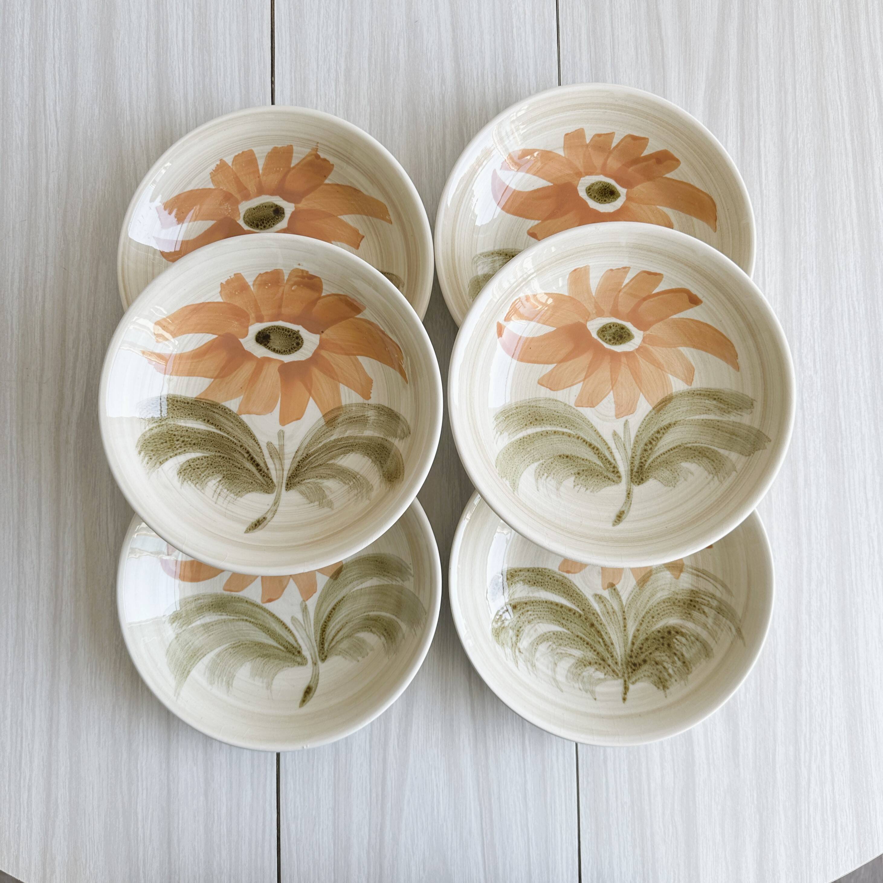 6 soup plates with floral decoration, Sarreguemines earthenware, hand painted.
