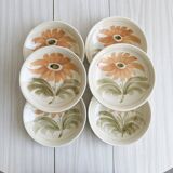 6 soup plates with floral decoration, Sarreguemines earthenware, hand painted.
