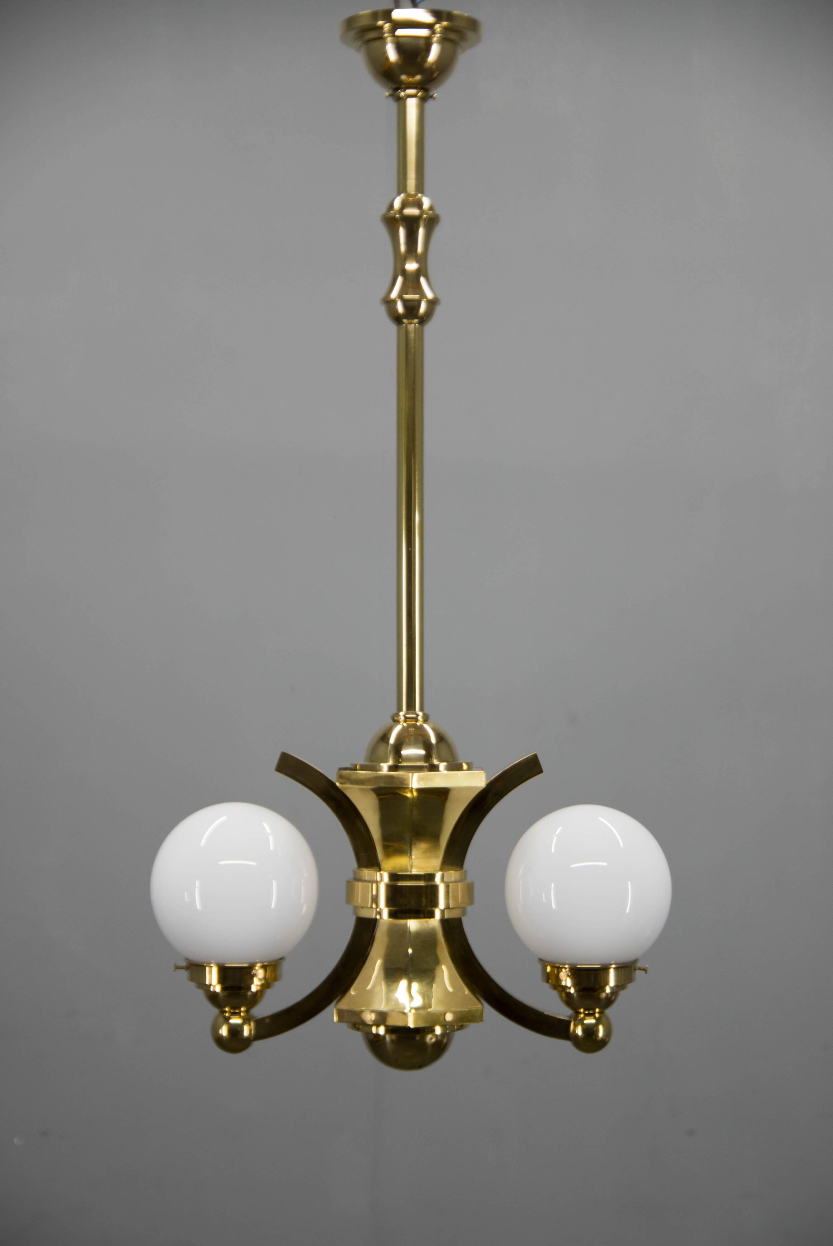 Art Deco Brass and Glass Chandelier by Gocar, 1910s, Restored