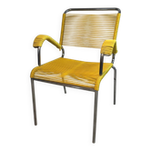 Yellow scoubidou armchair with a chrome tubular frame.