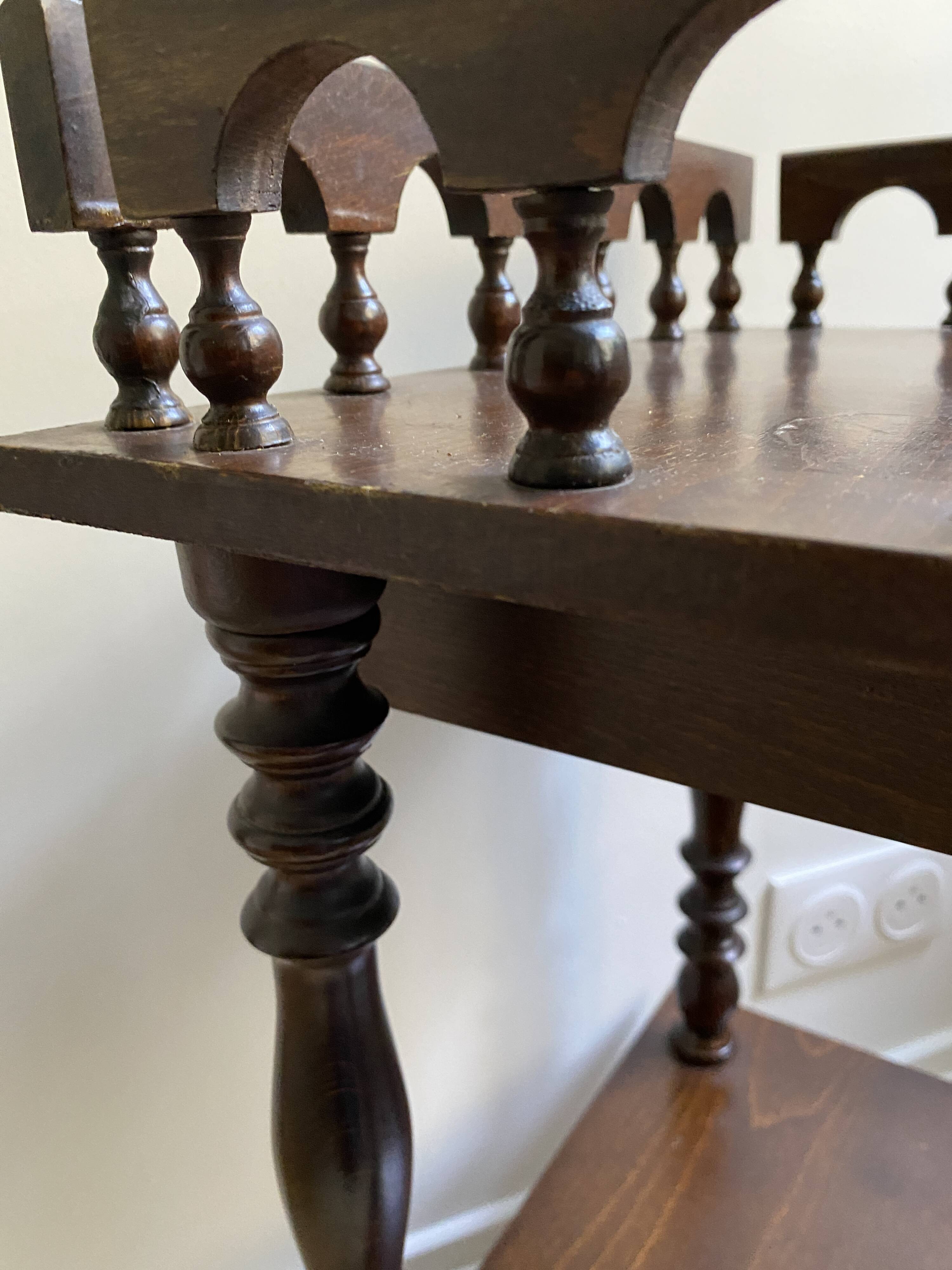 Nightstand, turned wooden bedside table opening with a drawer, vintage telephone table.