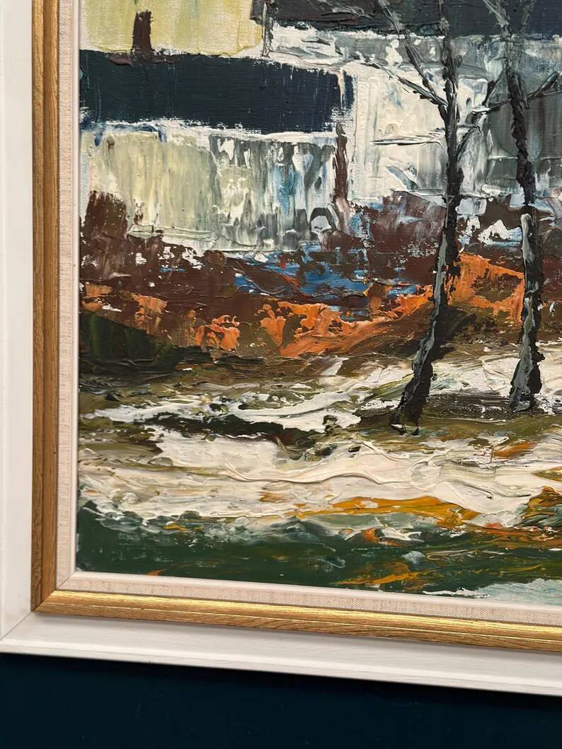 Large Original Swedish Oil on Panel – “Landscape with Houses and Trees” by Stig Hallblom – Signed – Vintage & Framed 90×59.5cm (35.4"×23.4")