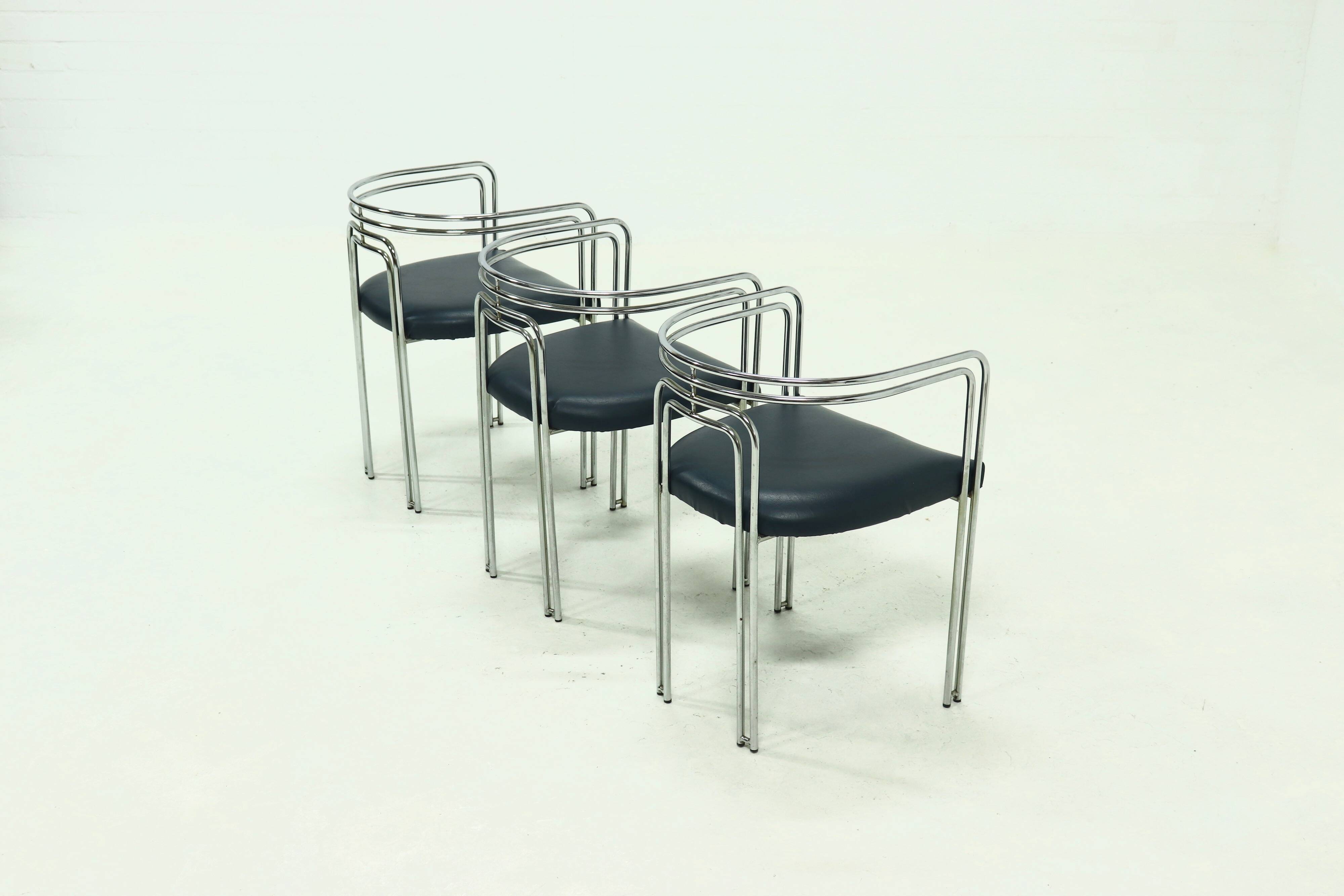 Set of 3 Chromed Steel Dining Chairs, France 1970s