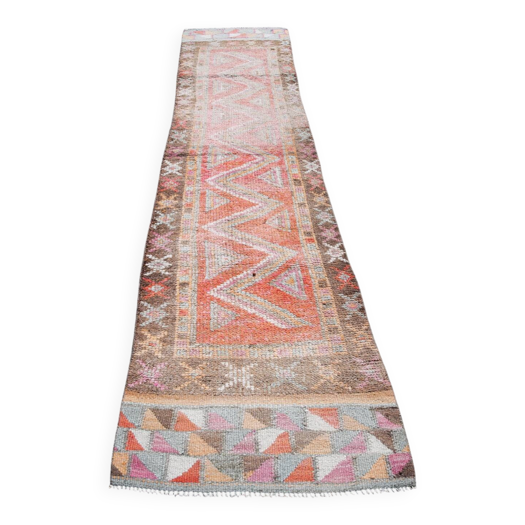Colorful Vintage Runner Rug, Soft Pink Handmade Hallway Carpet, 82x334 Cm