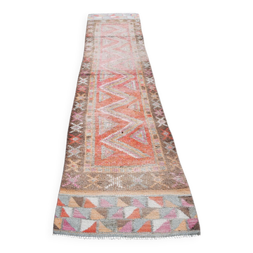 Colorful Vintage Runner Rug, Soft Pink Handmade Hallway Carpet, 82x334 Cm