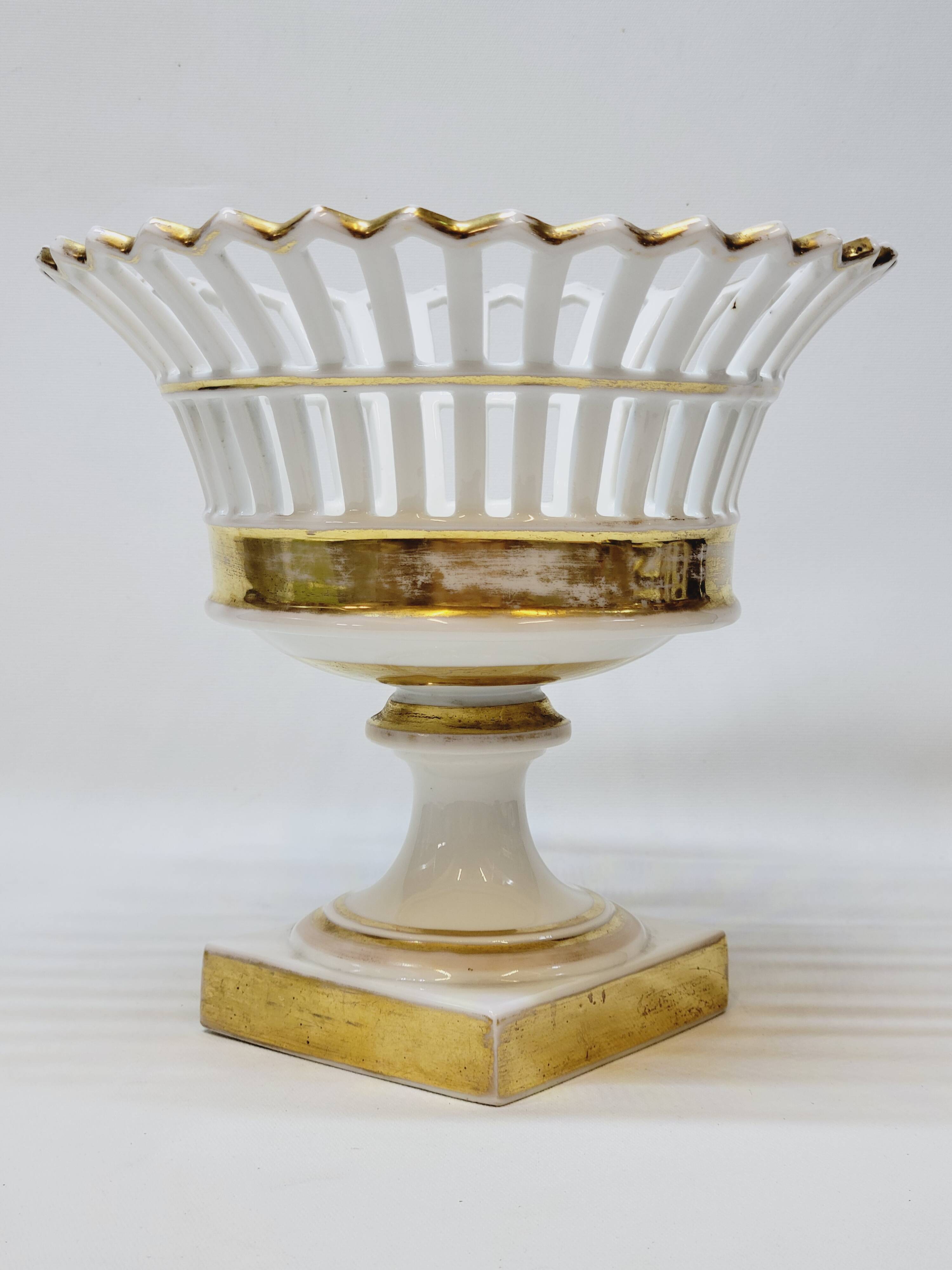 Bowl on Pedestal Openwork Basket White and Gold Porcelain Restoration E