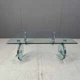 Vintage glass coffee table on wheels, 1980s - Italy