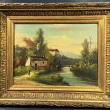 Lively mountainous landscape painting with river, gilded stucco wood frame, late 19th century