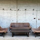Sofa set with 2 armchairs and coffee table in banbou and leather 1970