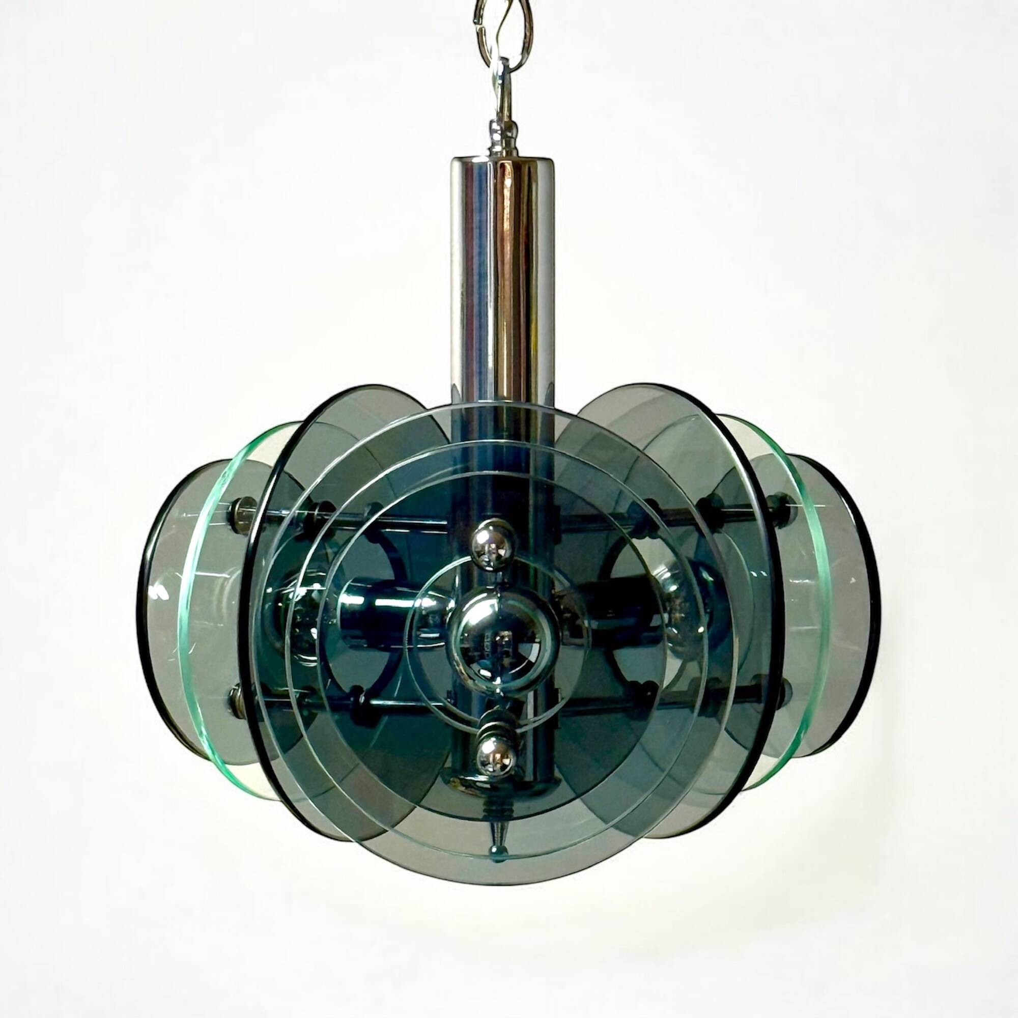 Large Space Age Pendant Lamp VECA in Chrome Metal and Glass, 1970s