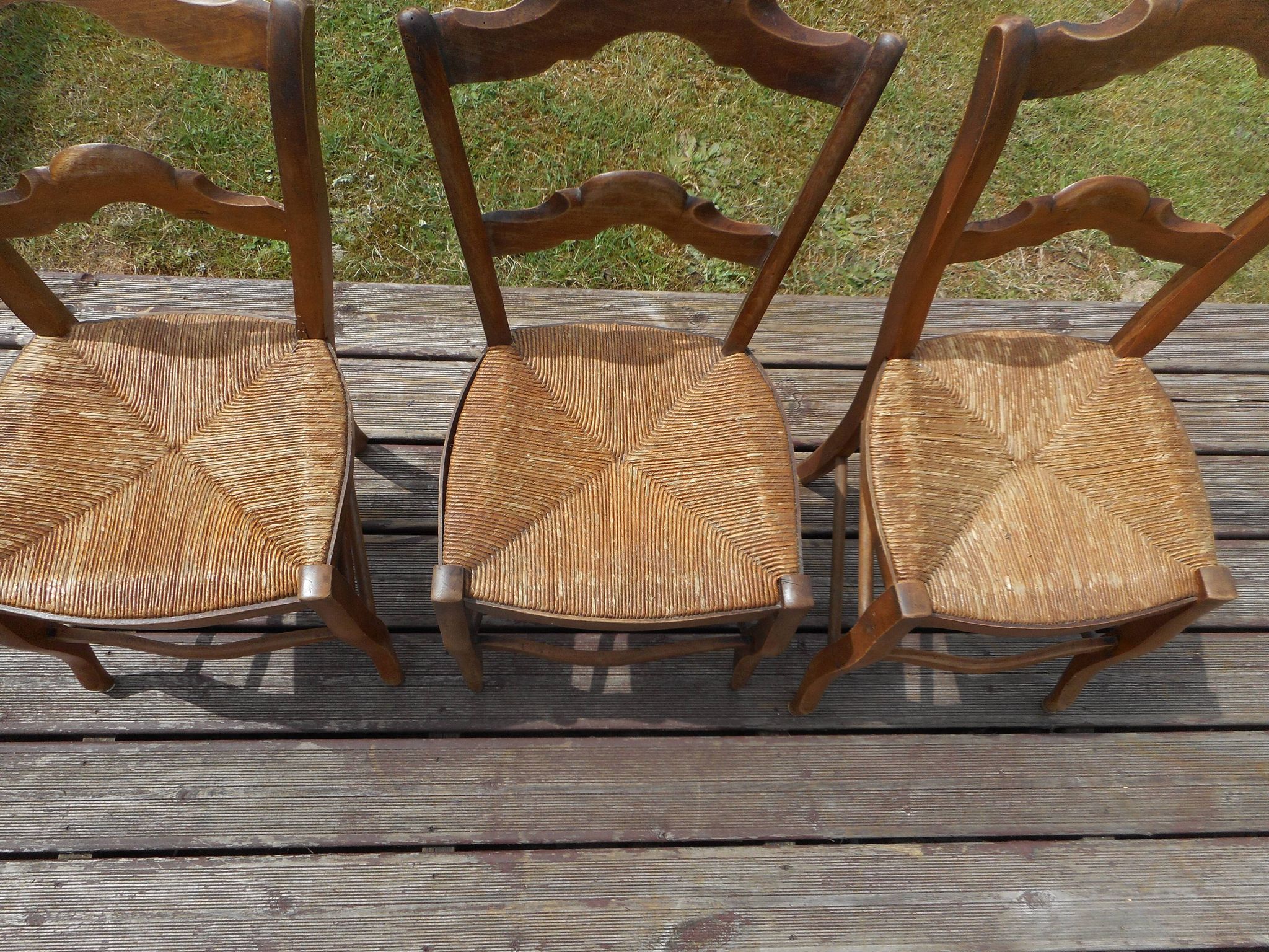Lot of 3 old wooden chairs with straw seats