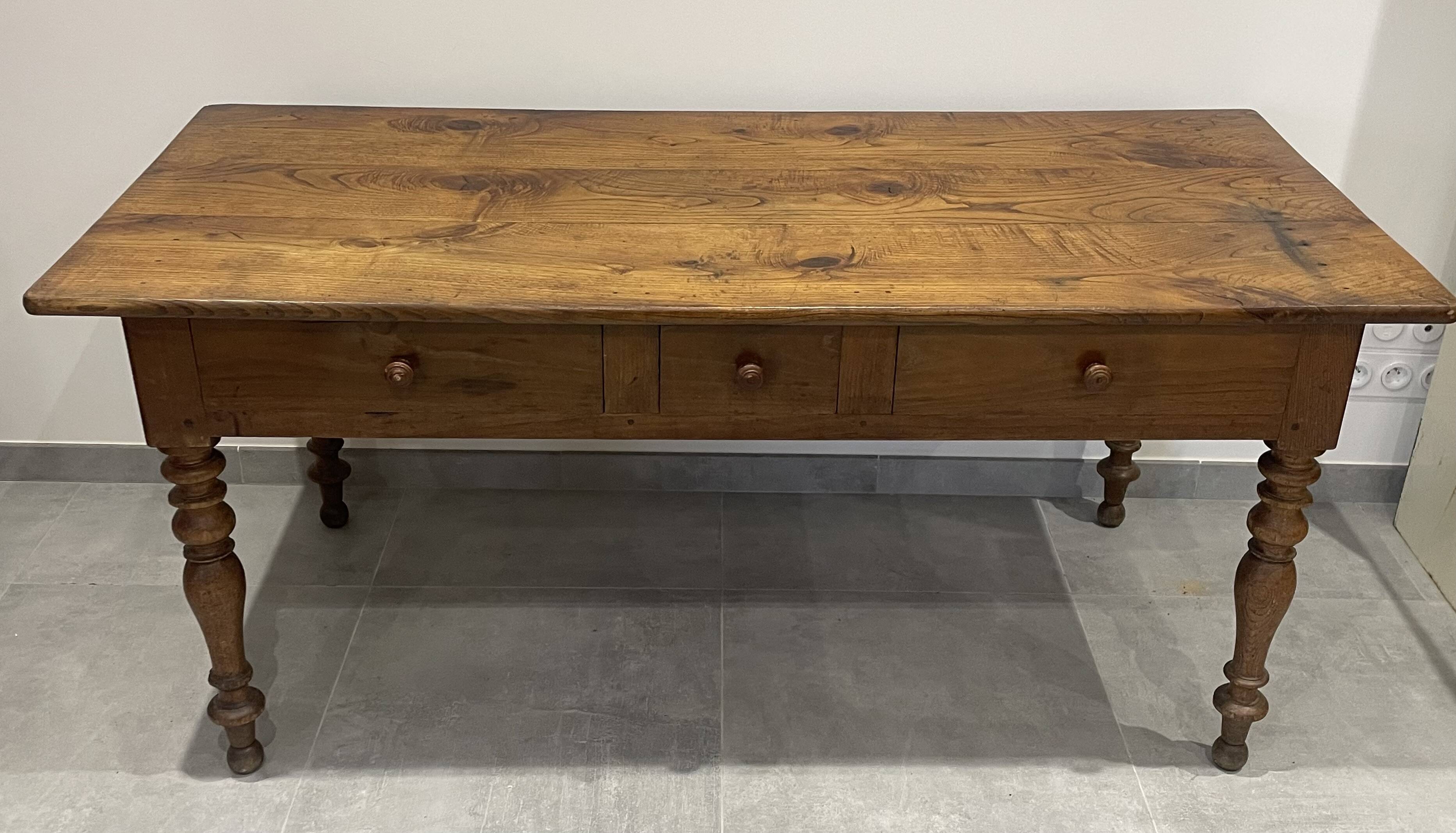 Antique natural wood farm table with 3 drawers
