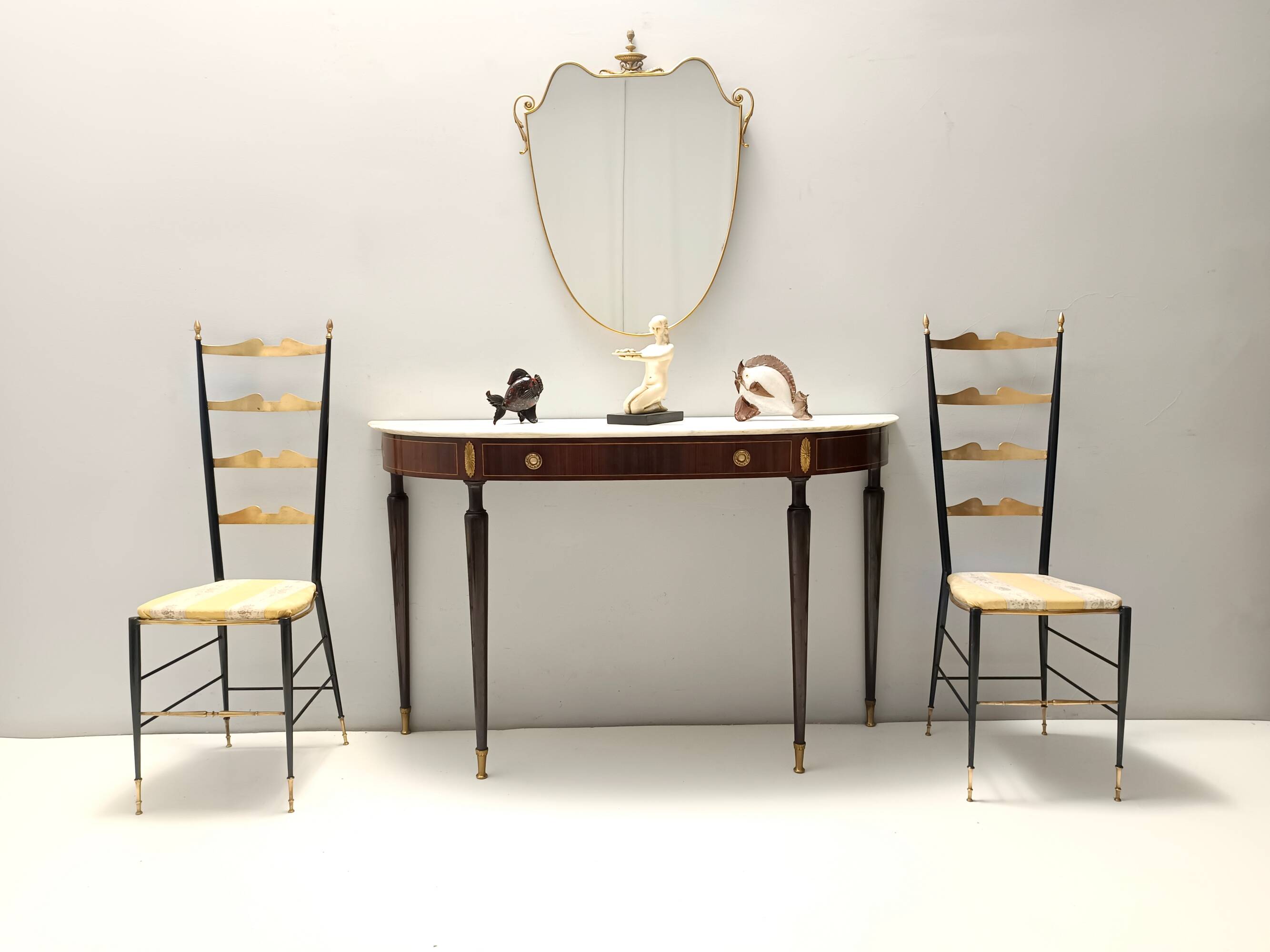 Pair of Vintage Brass and Metal Chiavarine Chairs with Yellow Fabric, Italy