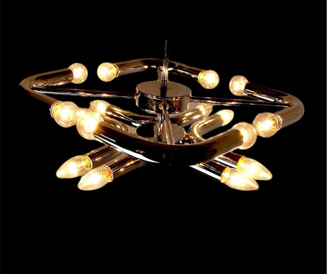 Reggiani chrome multiple light chandelier, Italy 1970