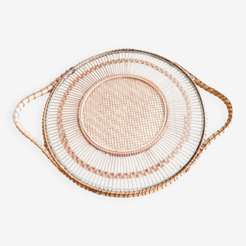 Round rattan and glass cheese tray, vintage French