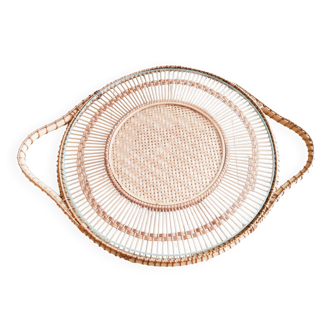 Round rattan and glass cheese tray, vintage French