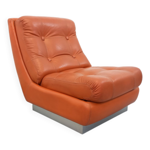 Fauteuil chauffeuse style Roche Bobois vintage en chrome et cuir tuile