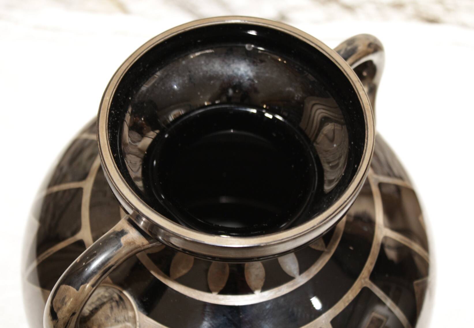 Black and silver glass vase signed hem, michel herman, circa 1930