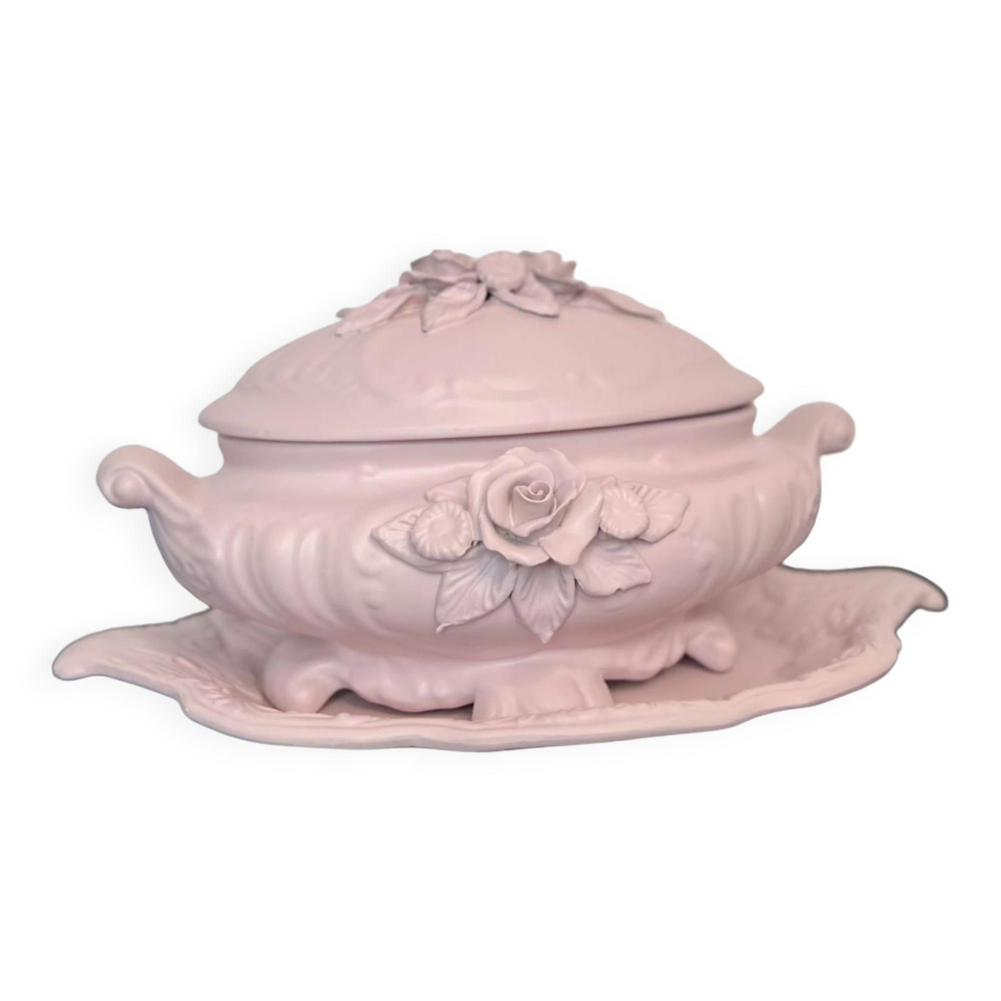 Soupière décorative en faïence relookée rose poudré