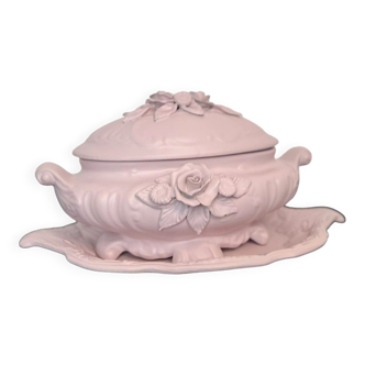 Soupière décorative en faïence relookée rose poudré