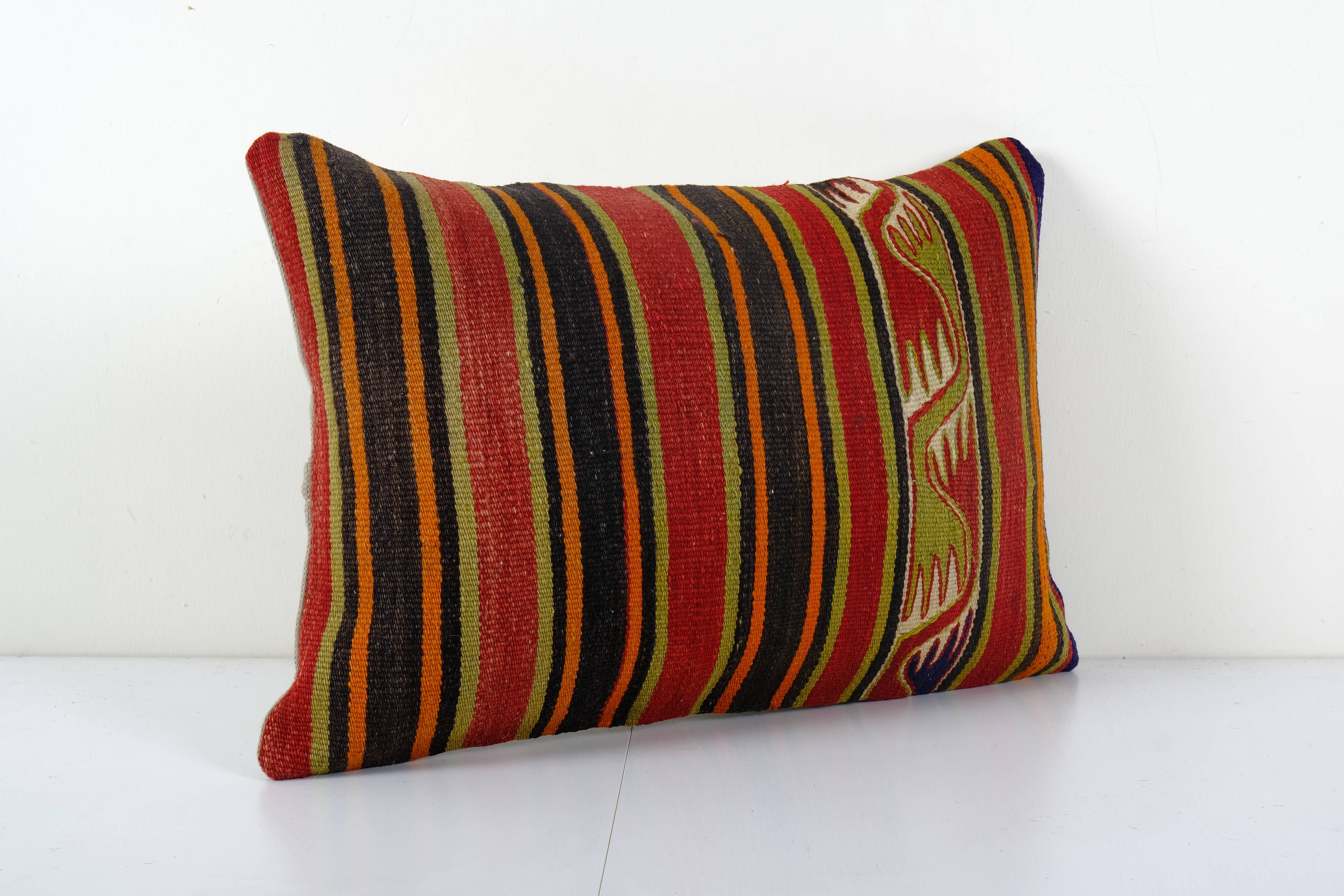 Striped Turkish Kilim Pillow Cover, Cottage Decor Kilim Lumbar Pillow Cover, Unique Patterned Throw