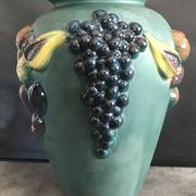 Green ceramic vase with polychrome decoration of fruits and vegetables in relief 33.5 cm
