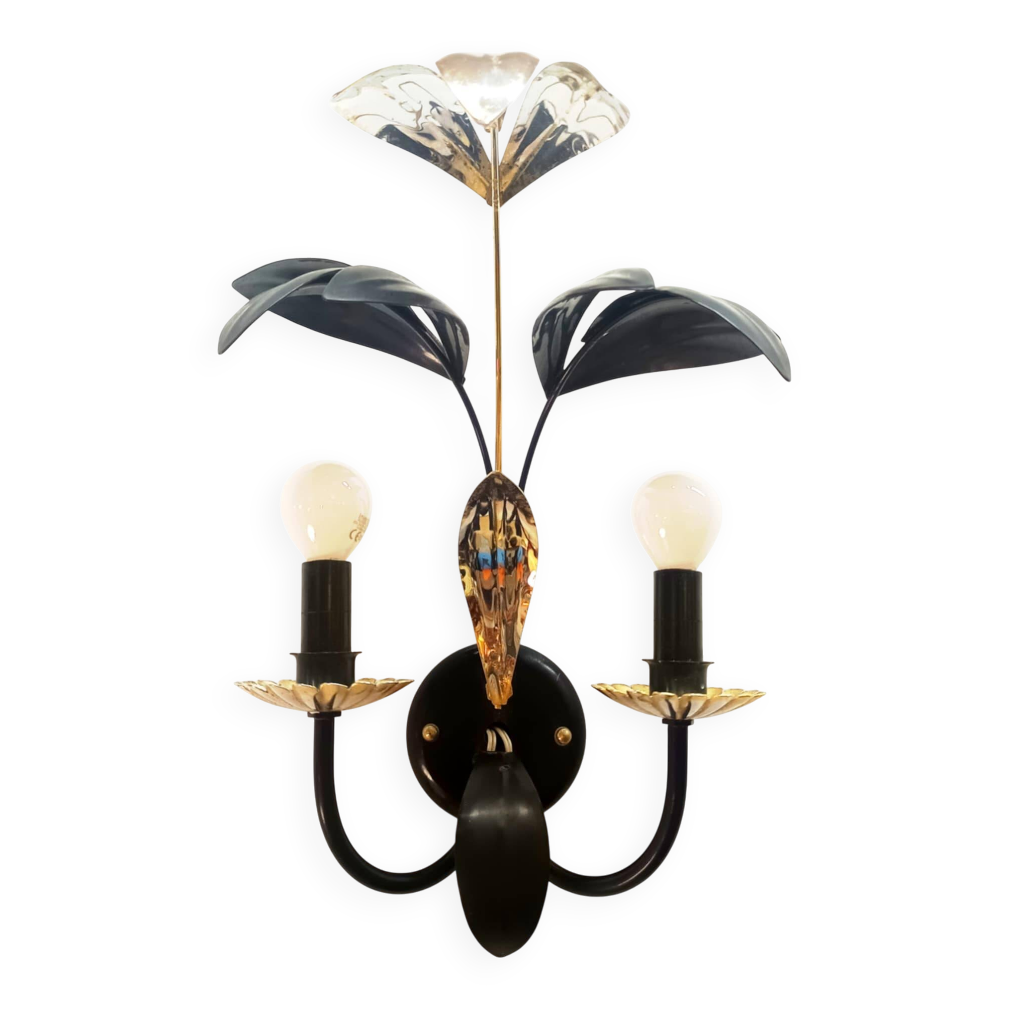 Black and gold Hollywood Regency leaf wall sconce