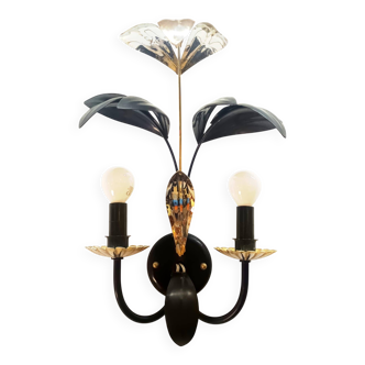 Black and gold Hollywood Regency leaf wall sconce
