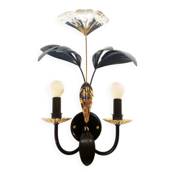 Black and gold Hollywood Regency leaf wall sconce