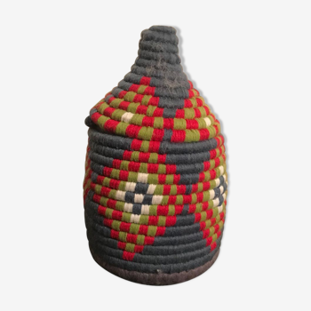 Berber wool and gray and Red raffia basket