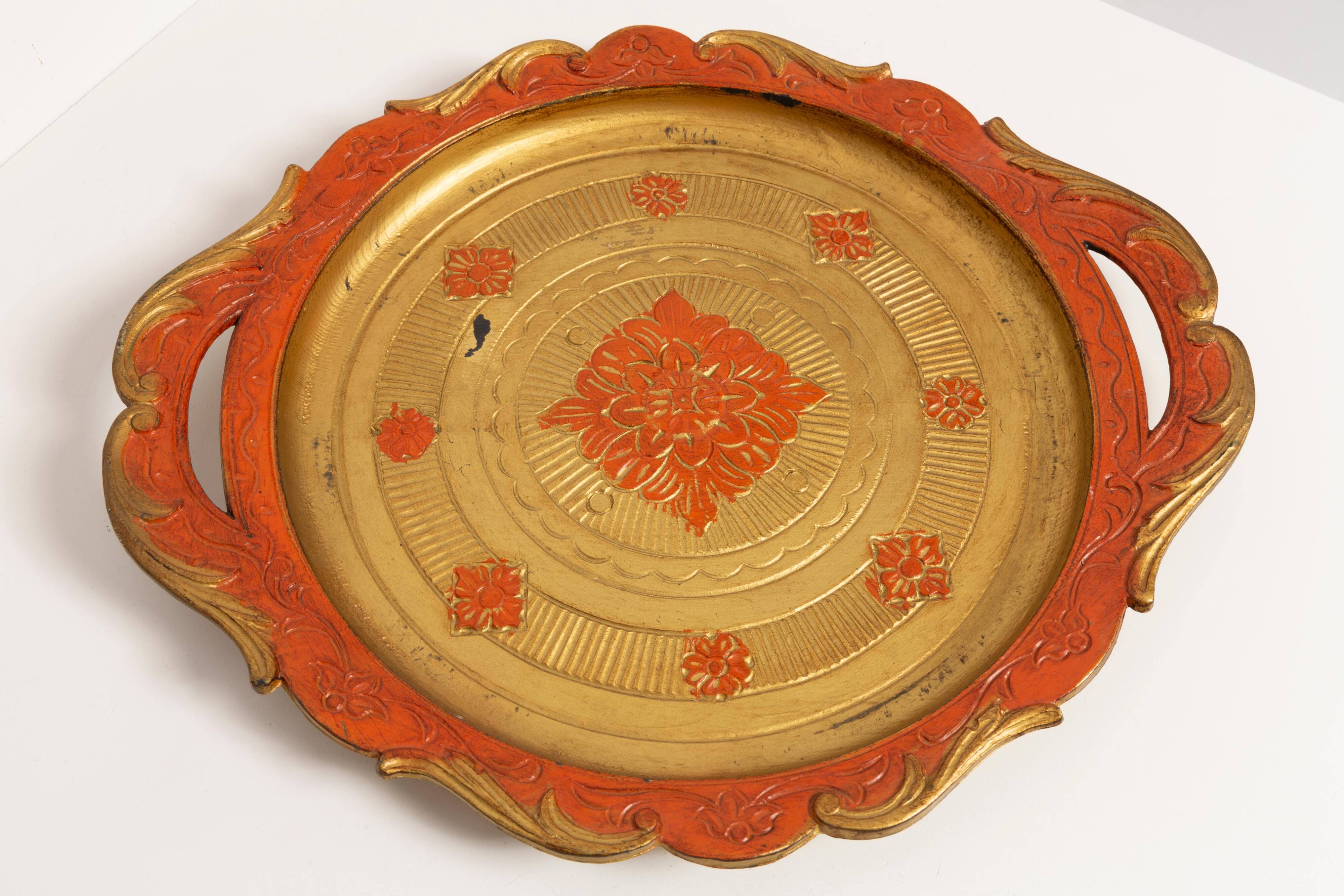 Vintage orange wooden decorative plate, Italy, 1960s
