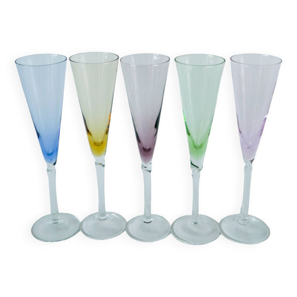lot de 5 flûtes à champagne en verre coloré Design 1970