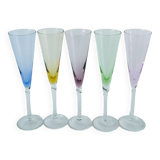 set of 5 colored glass champagne flutes Design 1970