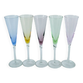 set of 5 colored glass champagne flutes Design 1970