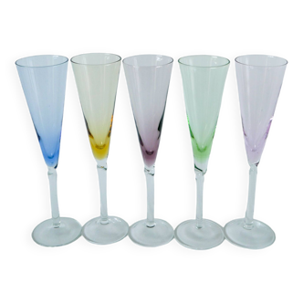 set of 5 colored glass champagne flutes Design 1970