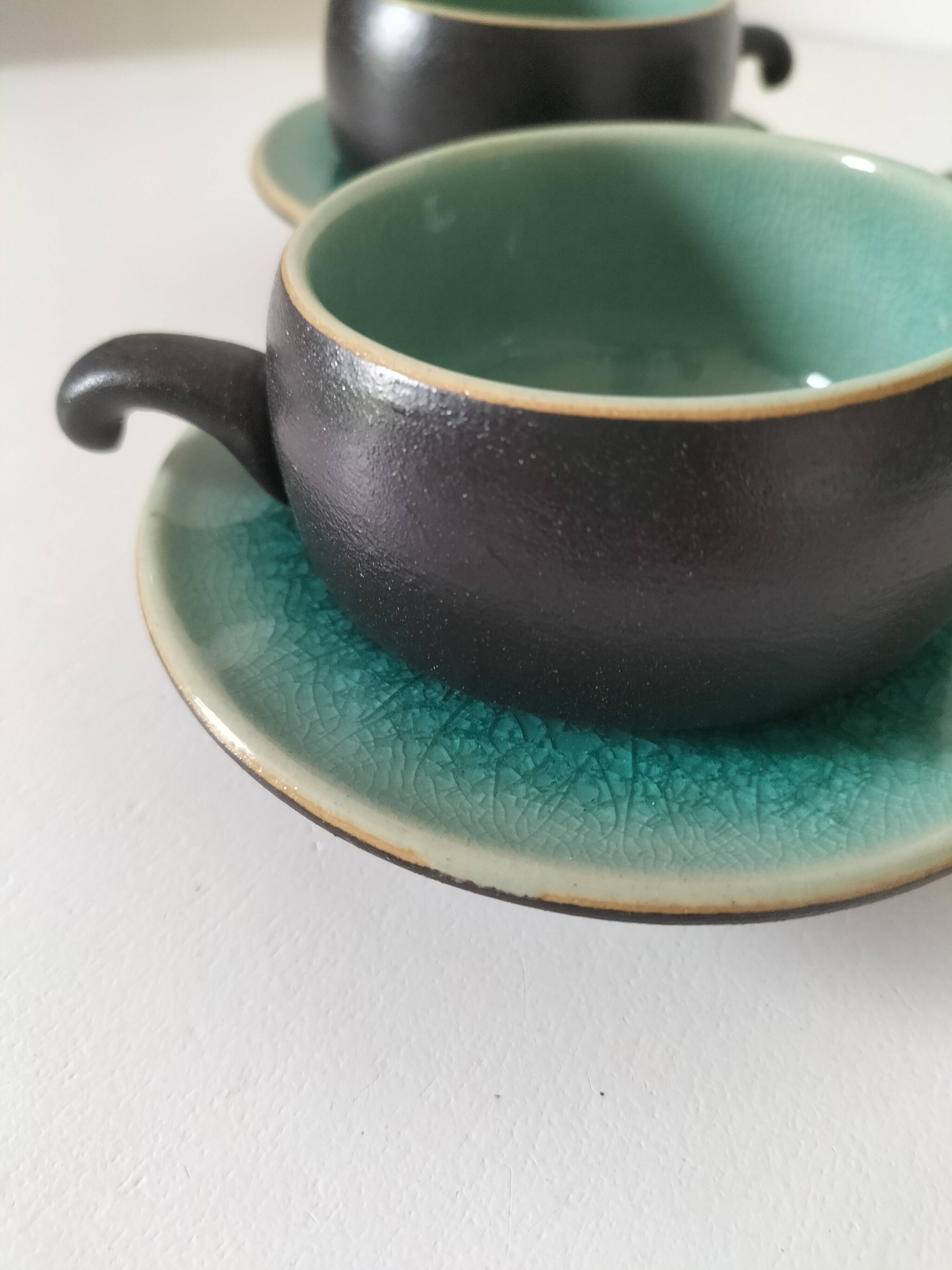 Set of three ceramic cups and saucers – crackled turquoise glaze