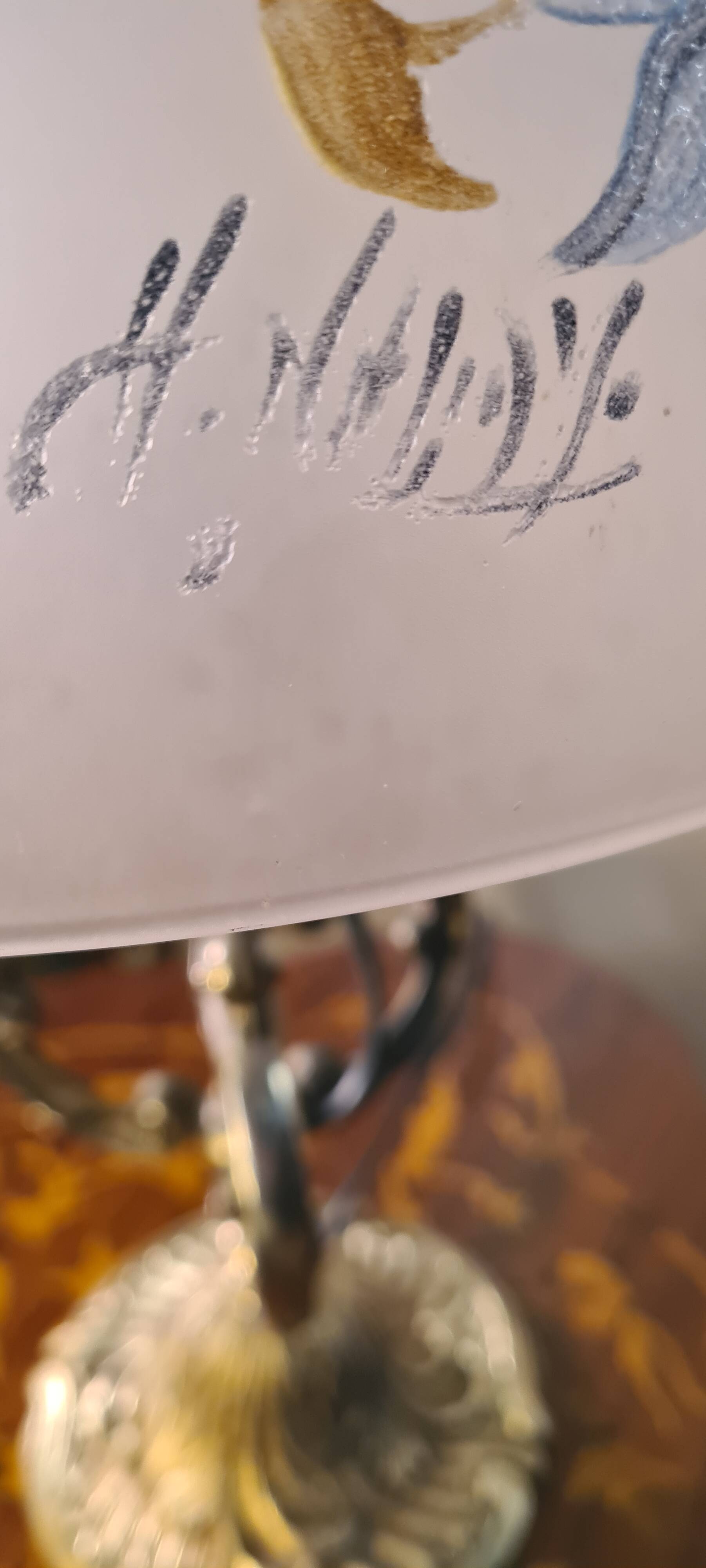 Bronze lamp painting on lampshade signed glass 47x28