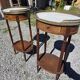 Pair of Louis XVI style bedside tables in mahogany, with marble tops.