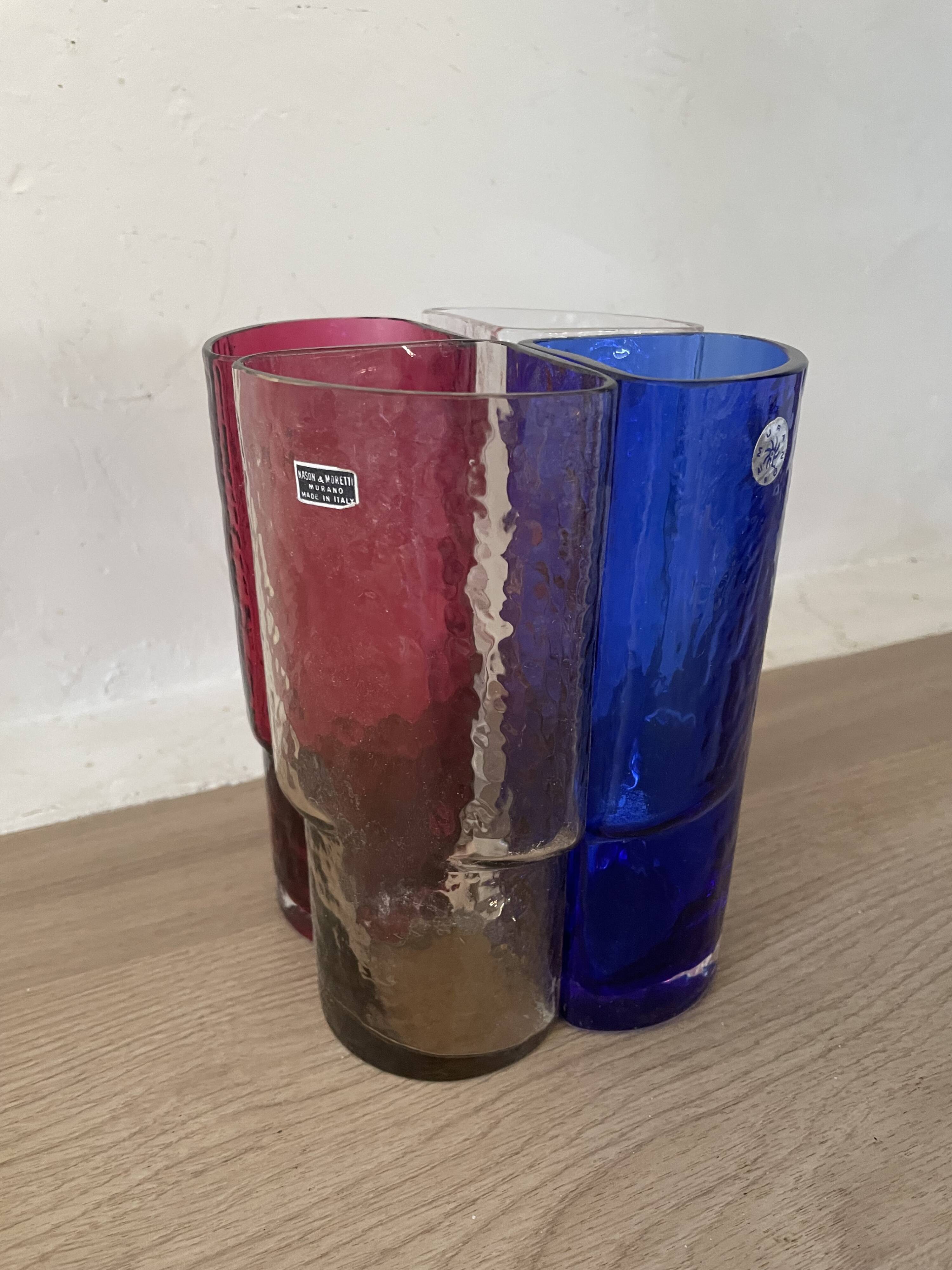 4 vintage coloured long drink glasses in Murano glass by Nason Moretti,