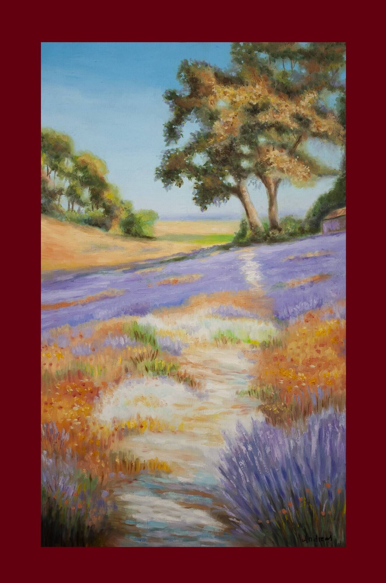 Oil painting on wooden panel, lavender landscape with lilacs and trees.
